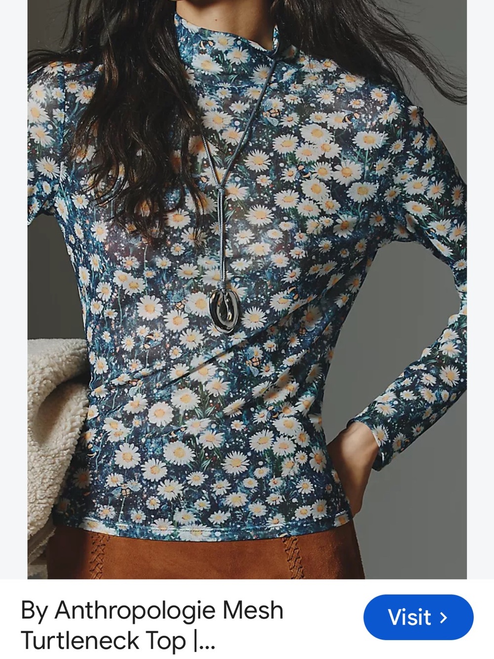 Anthropologie Navy Blue Daisy Mesh Turtleneck